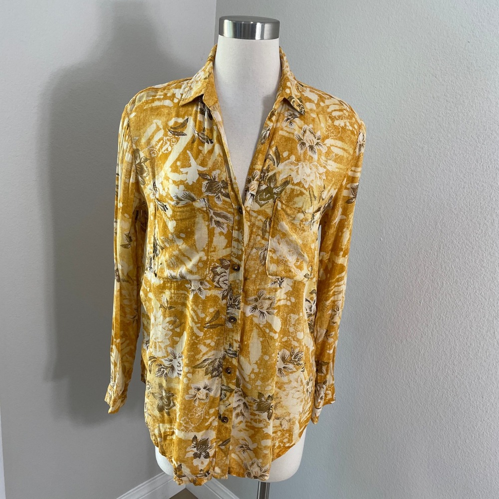 Pilcro Anthropologie Small Mustard Yellow Floral Batik Button‎ Up Shirt Blouse